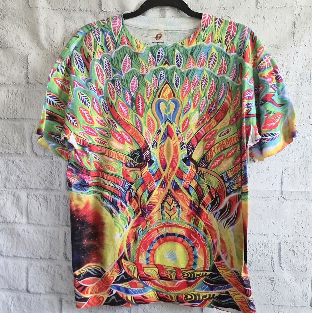Rave Nectar Trippy Psychedelic Peacock 70s Style Colorful Unique Tee Large